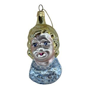 Blown Glass Christmas Ornament Blonde Angel Girl Blue Glitter Italy READ DAMAGE!